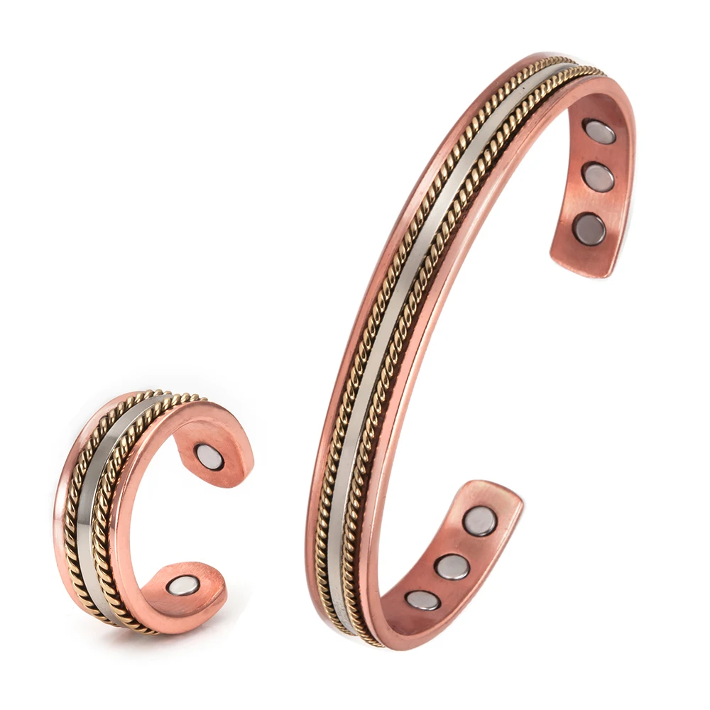 Pure Copper Jewelry-Set for Women Twisted Cuff Adjustable Magnetic Bracelet Arthritis Magnet Therapy Ring Resizable