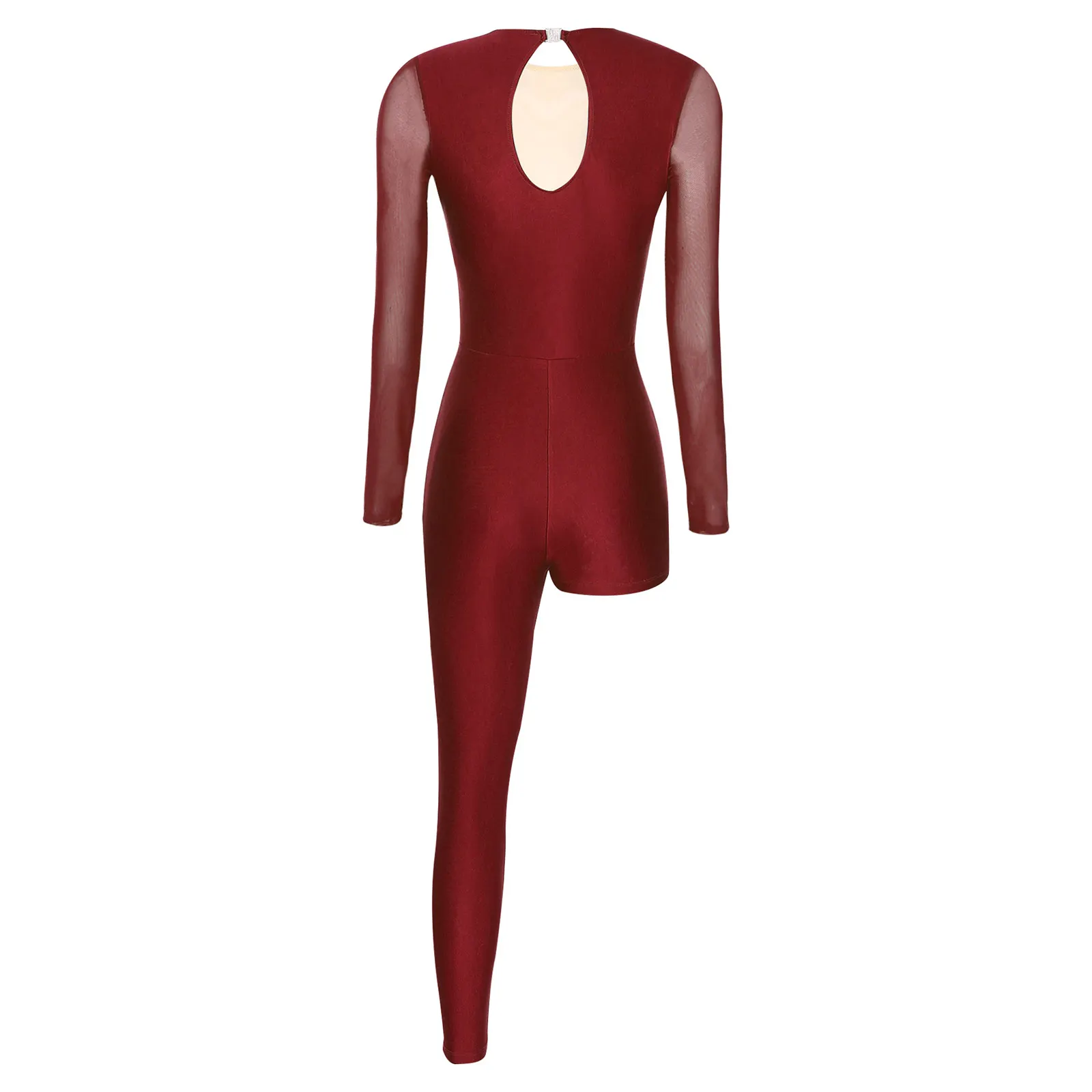 Womens Gymnastics Figure Skating Costume Ballet Unitards Dance Jumpsuit Sheer Mesh Long Sleeve Shiny Rhinestones Bodysuit