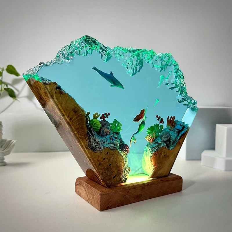 Seabed World Organism Resin Table Light Creactive Art Decoration Lamp Mermaid Dolphin Theme Night Light  USB Charge