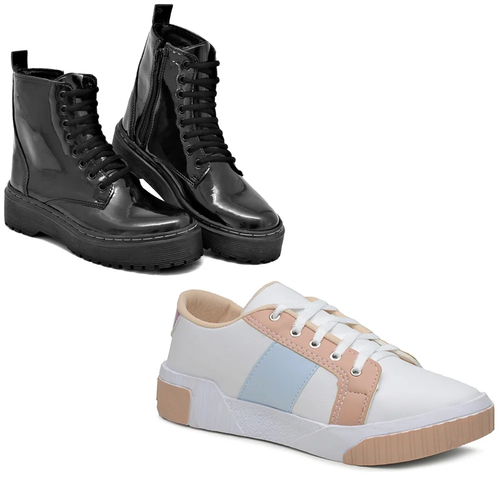 Kit Tênis Sneaker Juliette Feminino Plataforma Casual Branco and Azul and Bota Feminina Plataforma Stiloclub Verniz Promoção