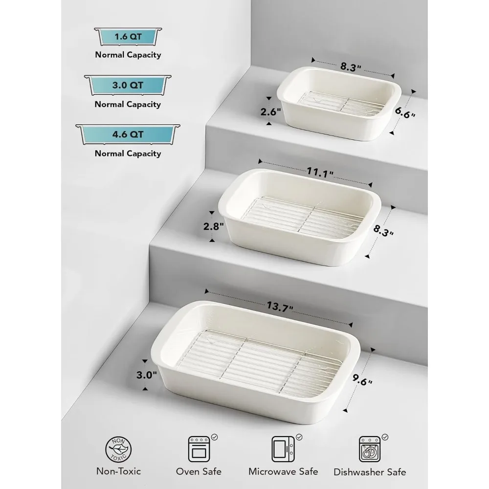 Pratos de caçarola profundos para forno, conjunto de prato de cerâmica com racks para assar, panelas grandes de lasanha com alças, branco