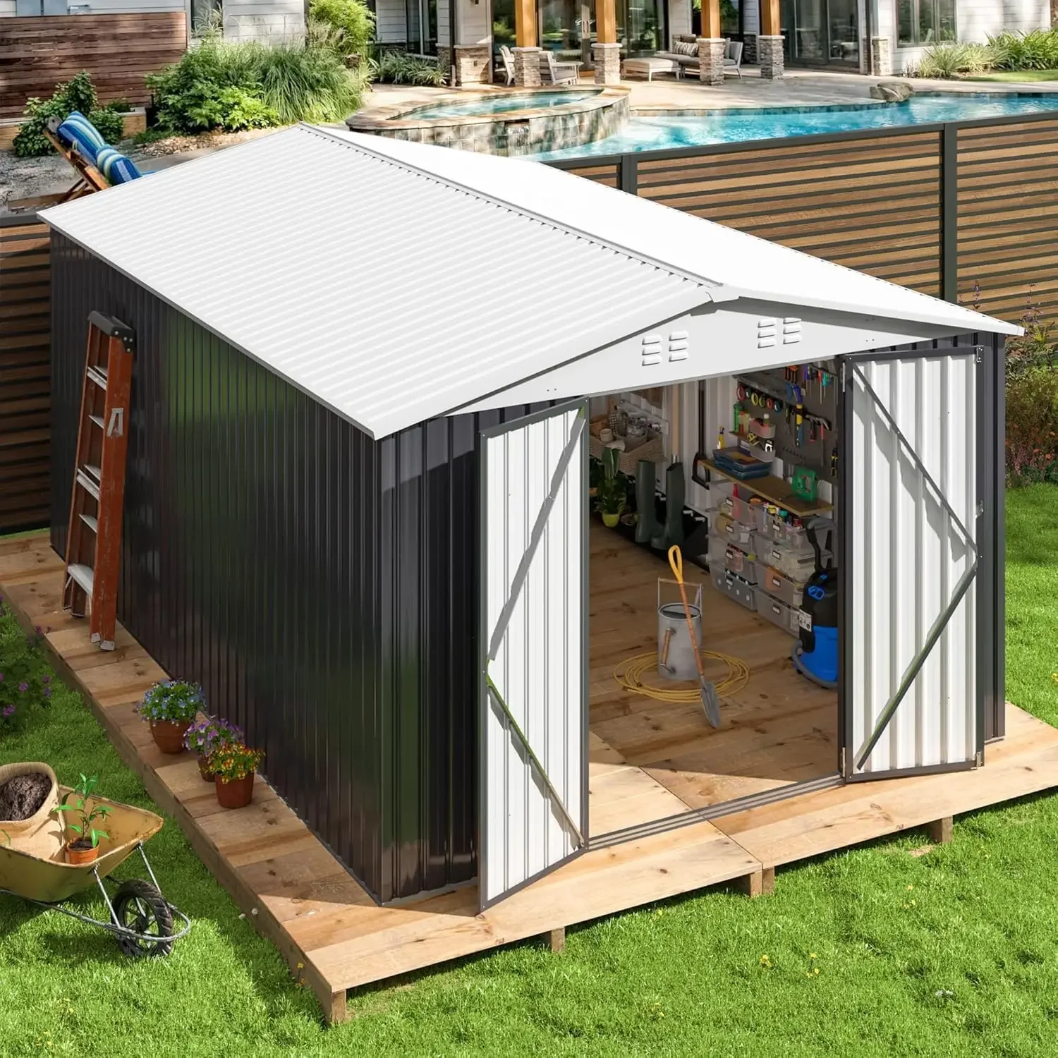 

10x14 FT Outdoor Storage Shed, Garden Shed with Updated Frame Structure and Lockable Doors,Metal Tool Sheds for Backyard Garden
