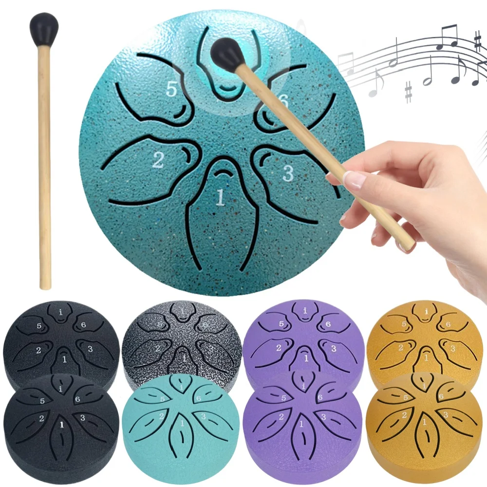 3 Inch 6-Tone Steel Tongue Drum Outside Rain Drum Instrument Mini Handpan Drum Percussion Musical Instrument for Yoga Meditation