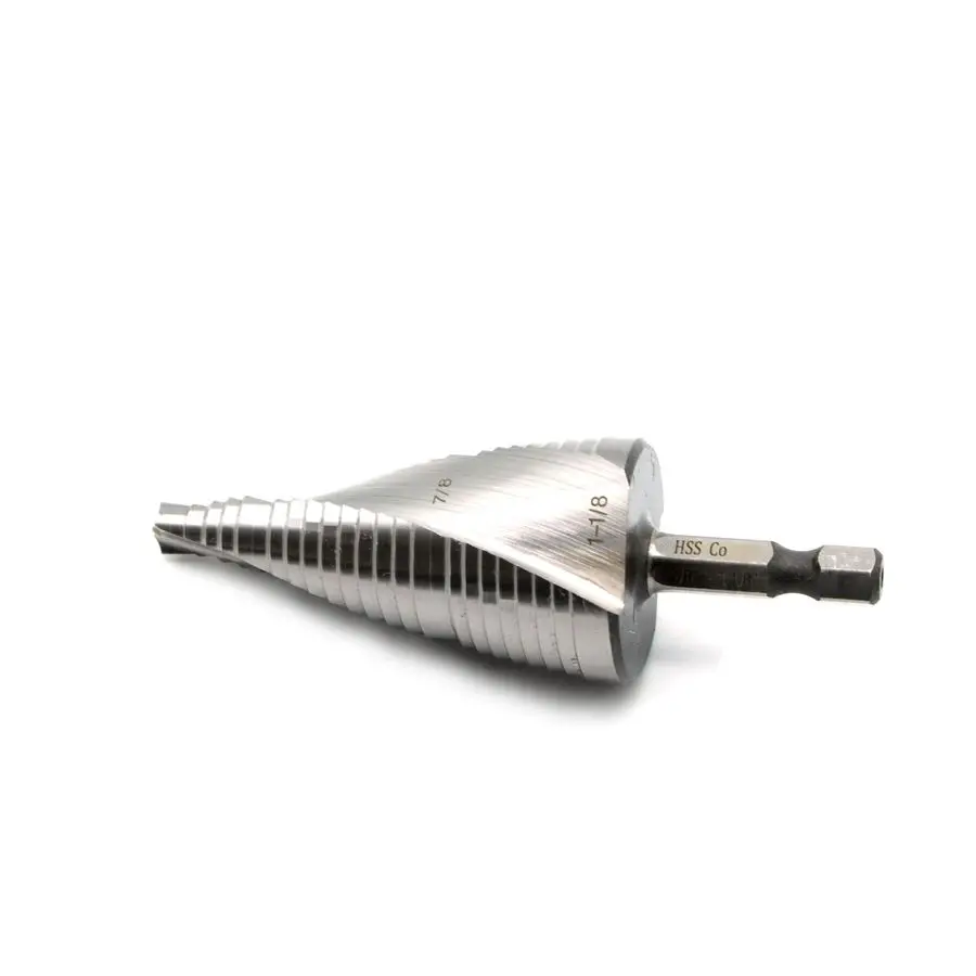 

M35 Cobalt Step Drill Spiral Flute Unibit, Two Size 7 8 Inch and 11 8 Inch, 1 4 Inch Hex Shank