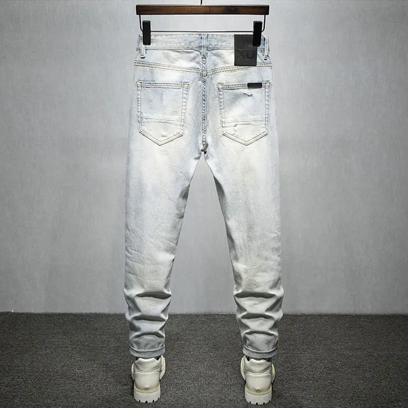 Street Fashion Men Jeans Retro Light Blue Stretch Slim Fit Hole Ripped Jeans Men Vintage Designer Denim Pants Hip Hop Trousers