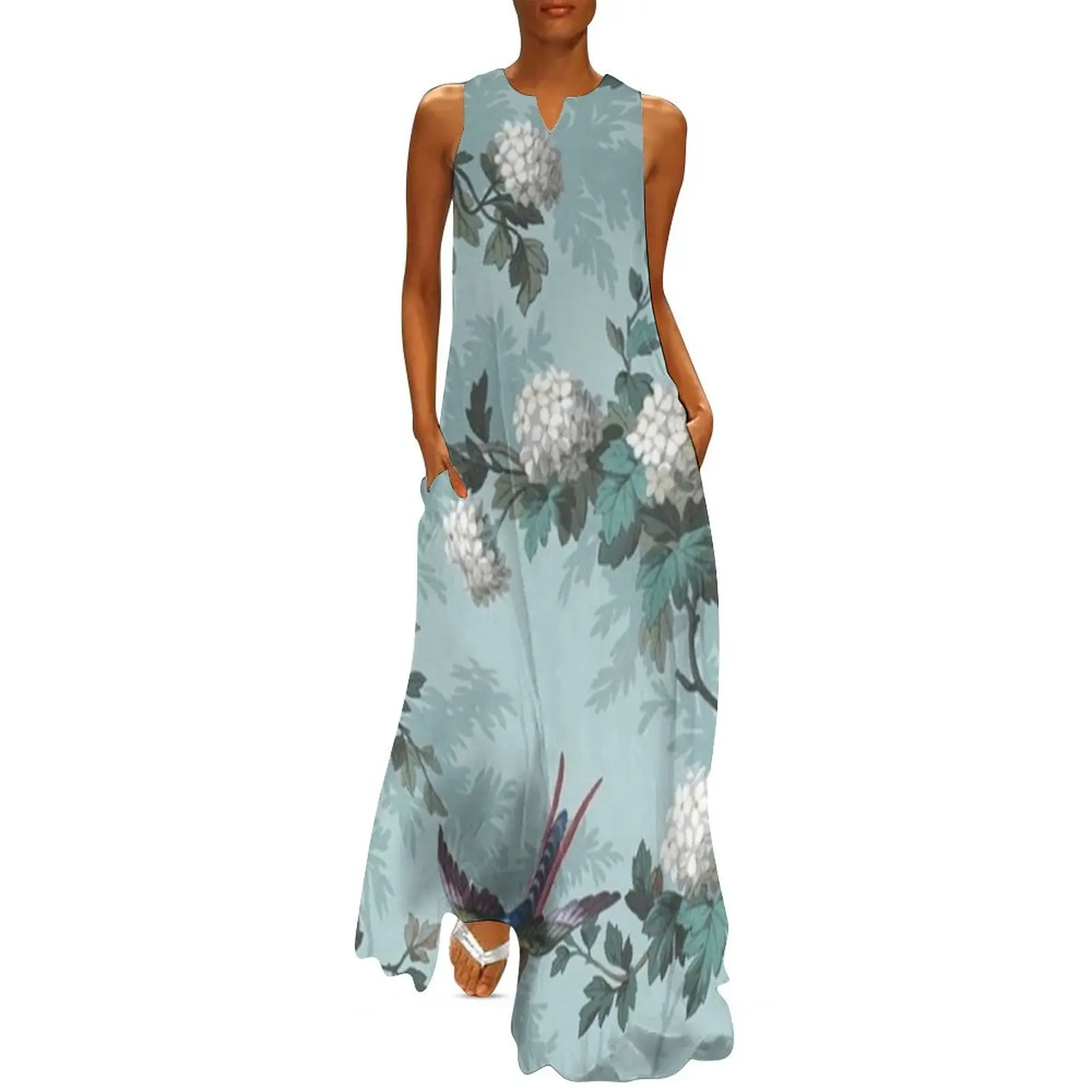 

Duck Egg Blue With Tropical Birds Long Dress elegant chic women dresses promotion dresses for woman prom dresses 2025