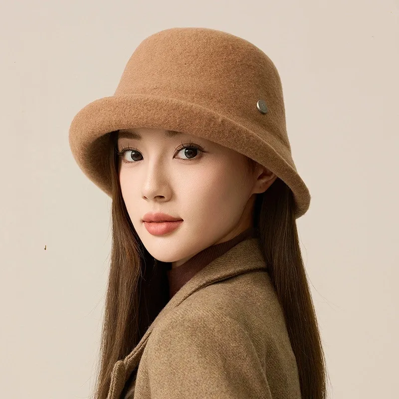 Autumn Winter British Retro Wool Fisherman Hat for Women Elegant Ladies Rolled Brim Bucket Hats
