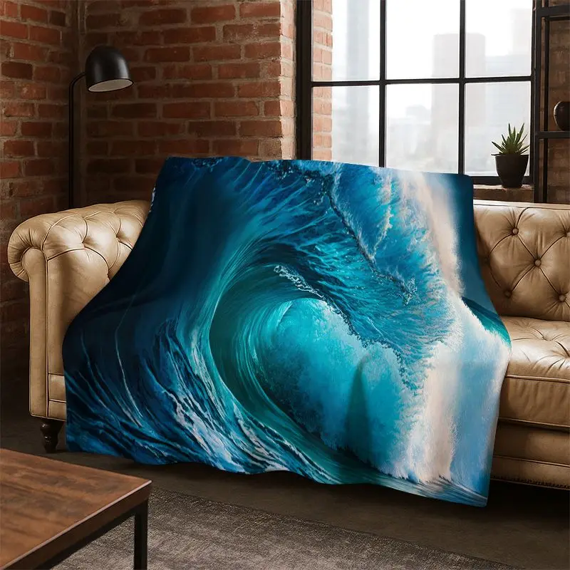 Blue Sea Waves Scenery Flannel Blanket Soft Warm Throw Blanket for Bedroom Living Room Bed Travel Camping Picnic Gift