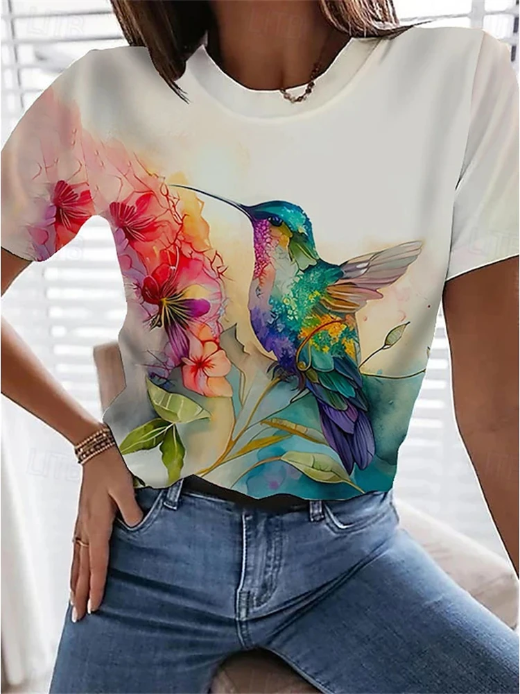 Women's Round-Neck Short-Sleeve T-Shirt Casual Top with Abstract Humorous Rabbit Print Fashionable Women's Short-Sleeve Top