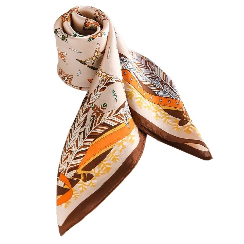 

100% Mulberry Silk Scarf Luxury Feather Print 90cm Square Scarves for Women Elegant Neckerchief Headband Bag Accessory Bandana