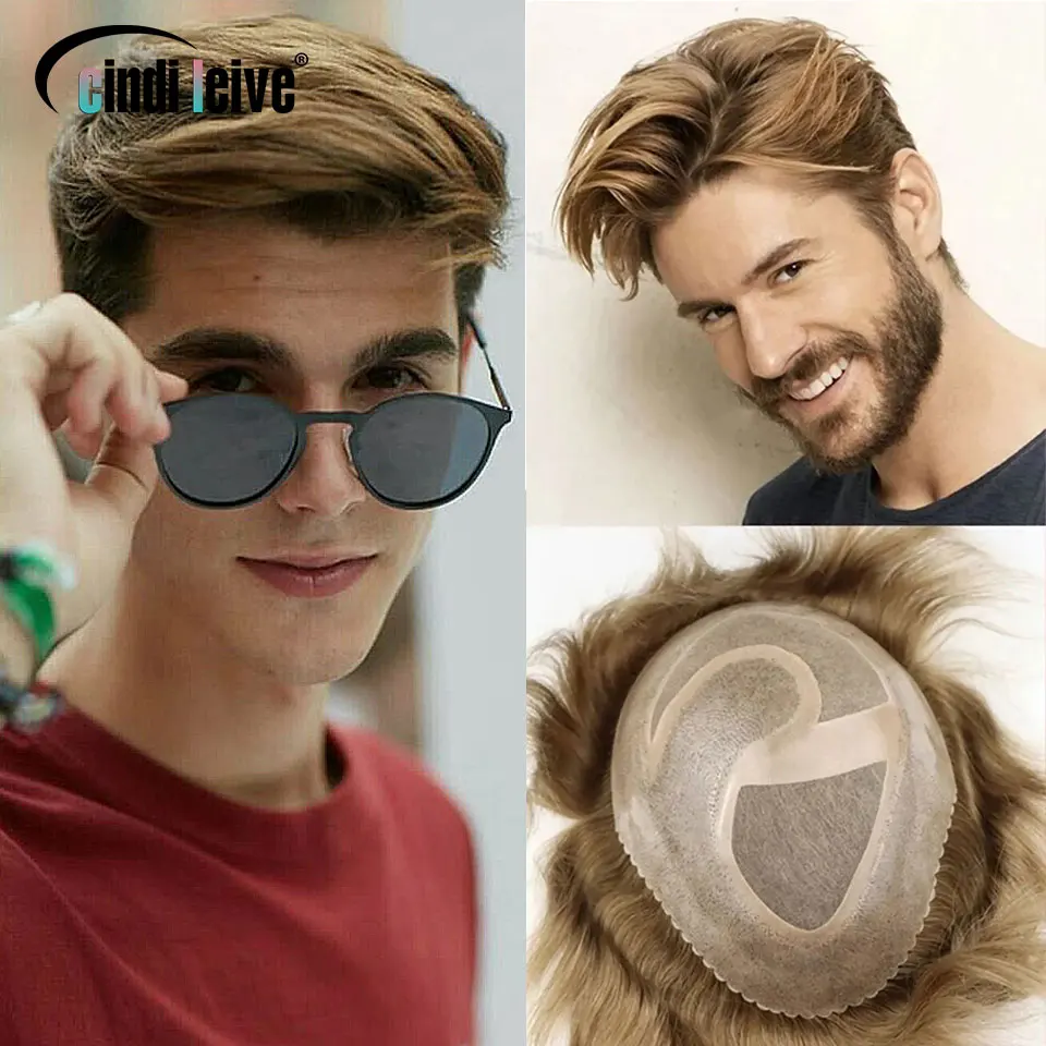 #18 Mono And PU Ash Blonde Mens Toupee Hair System For Men Hair Wig Small Scallop Front Male Topper Brown/Grey Hairpiece 8x10