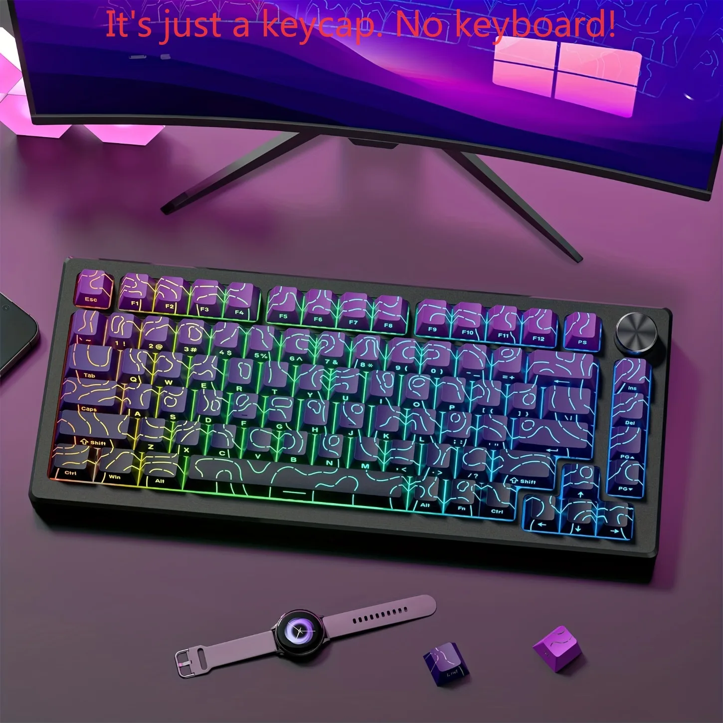 OEM Profile PBT Keycaps 133 Keys Contour Gradient Crack Pattern Black Purple Side Printed for 61-108 Mechanical Keyboards
