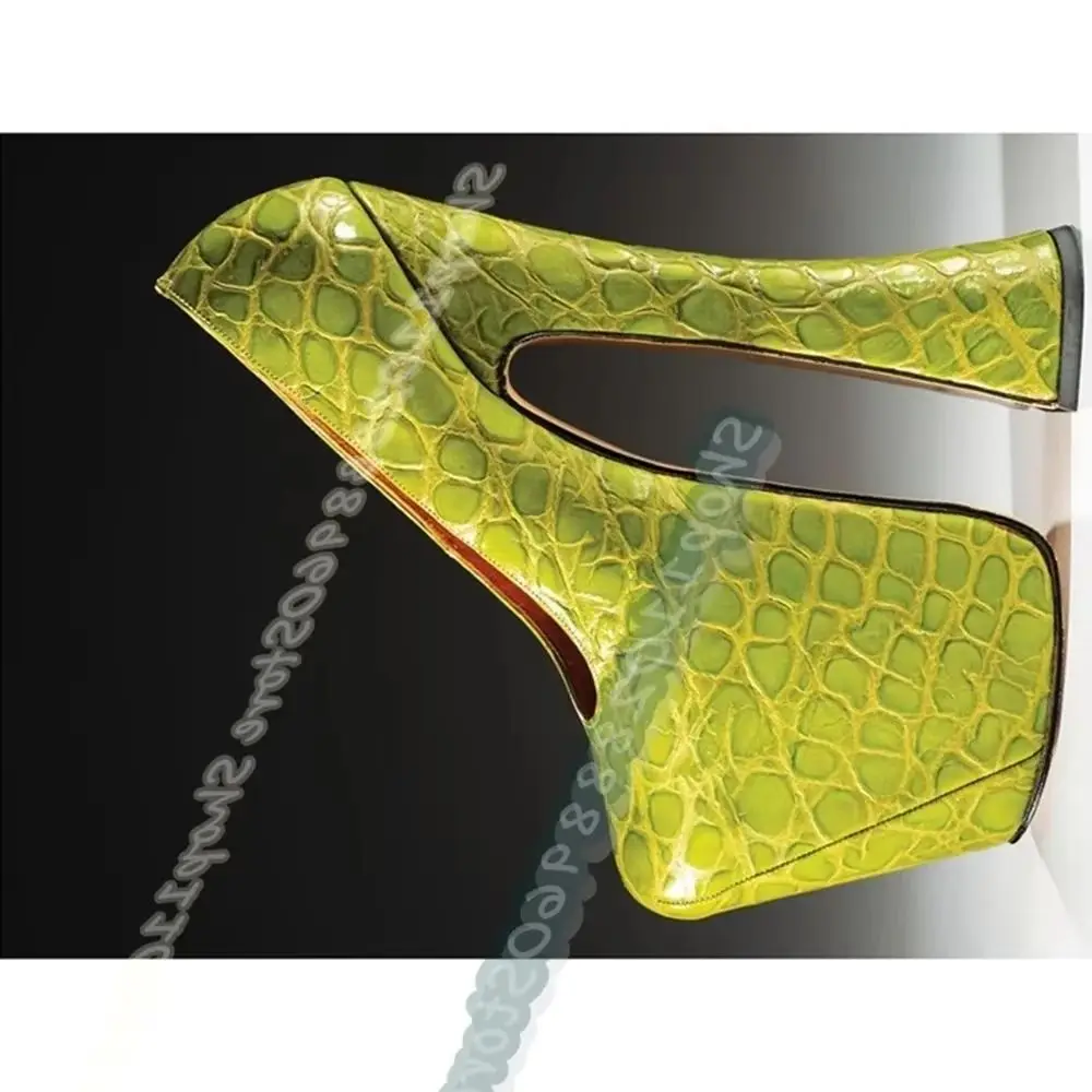 

Western Green Shallow Platform Leather Pumps Strange Style Heel Shoes For Women Slip On Pointed Toe Stylish Zapatos Para Mujere