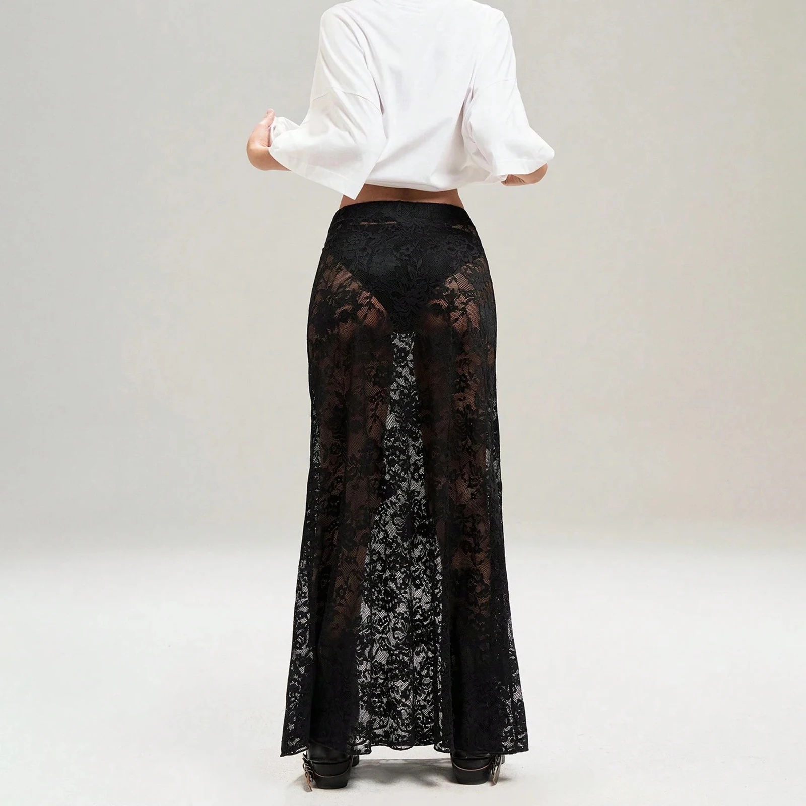 تنانير نسائية صيفية متوسطة الطول كاجوال أنيقة بلون سادة من الدانتيل الشفاف لملابس حفلات عطلة الشاطئ