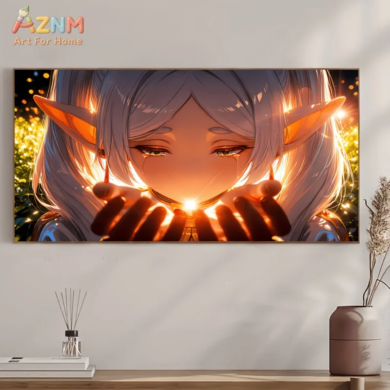 AZNM Frieren: Beyond Journey's End Elf Girl Holding Light Anime Canvas Wall Art Unframed Painting for Home Decor