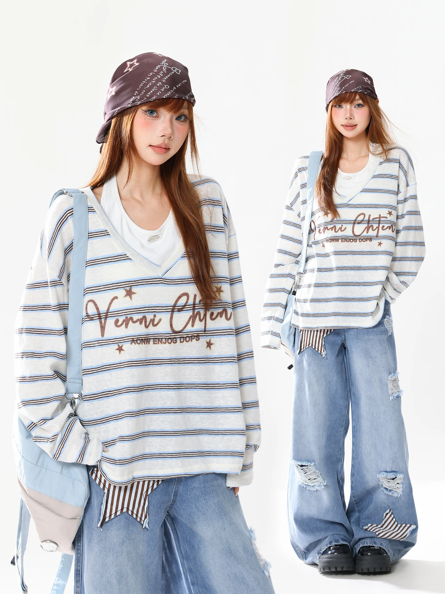 

Summer Dopaamine Striped Long Sleeve Vest Top Women's V-neck Loose Fit Two-piece Set Hanging Neck Design Casual Comfortable