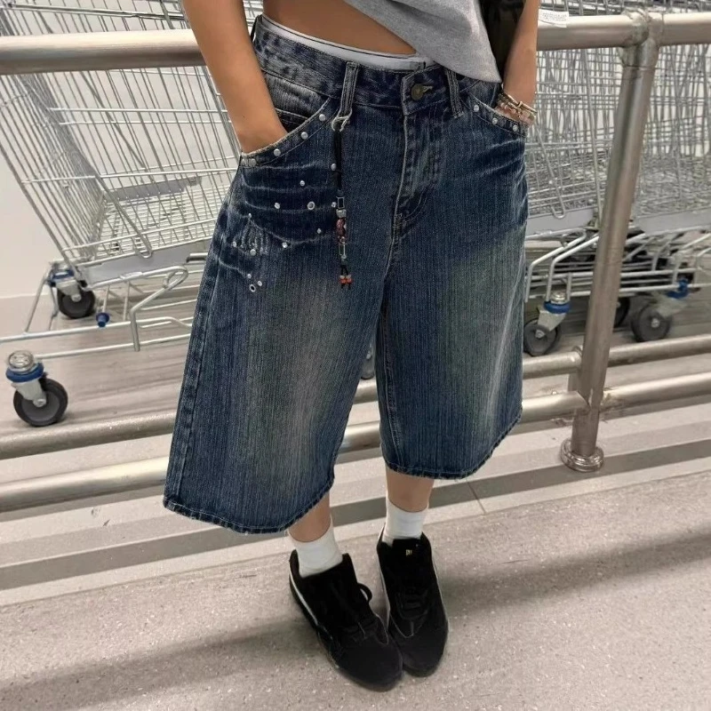 American Vintage Rivet Patchwork Denim Capri Pants Y2k Retro Streetwear Straight Wide-Leg Cropped Jeans Calf-Length 2026
