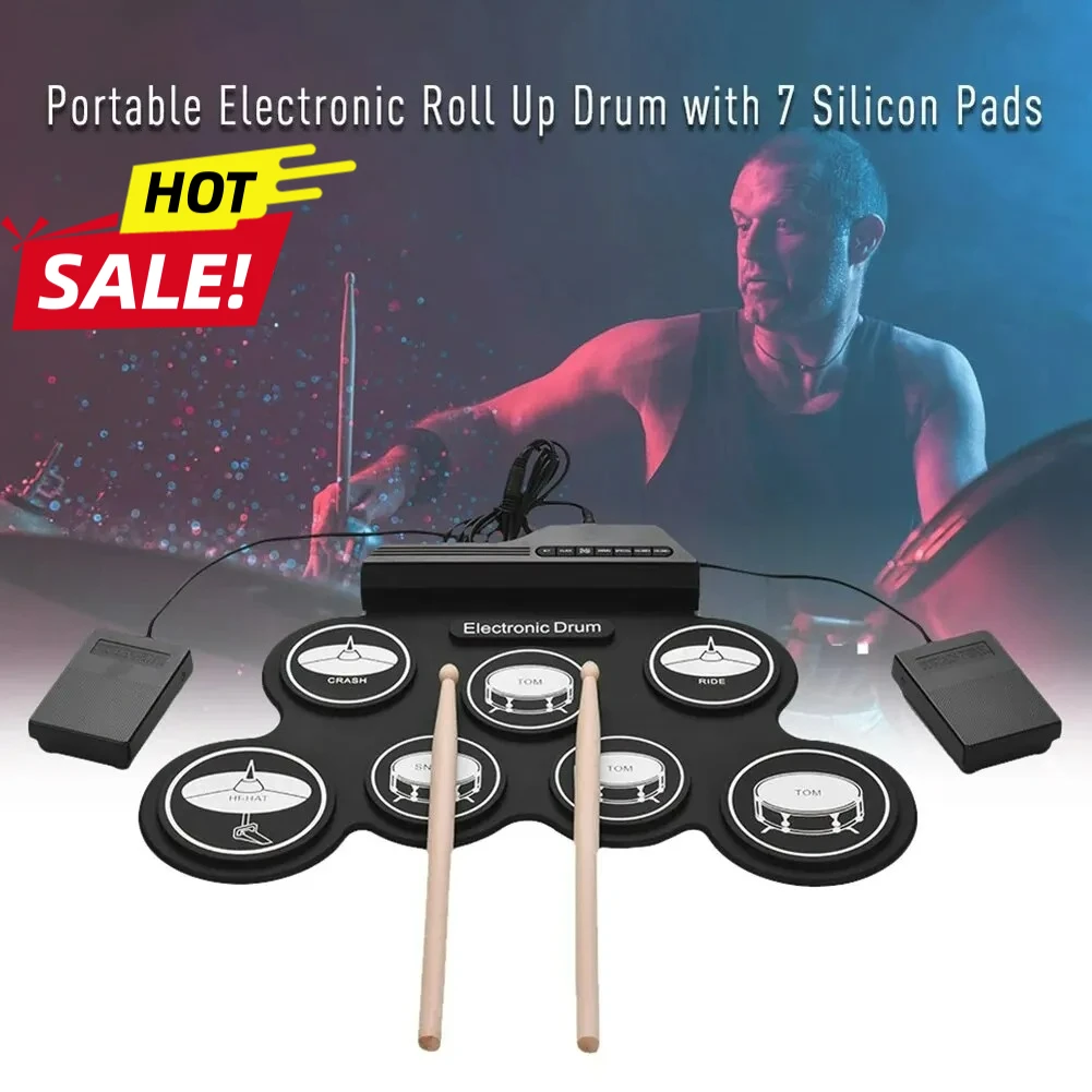 2026 New Folding Silicone Hand Roll USB Electronic Drum Portable Practice Drums Pad Kit with Drumsticks Sustain Pedal