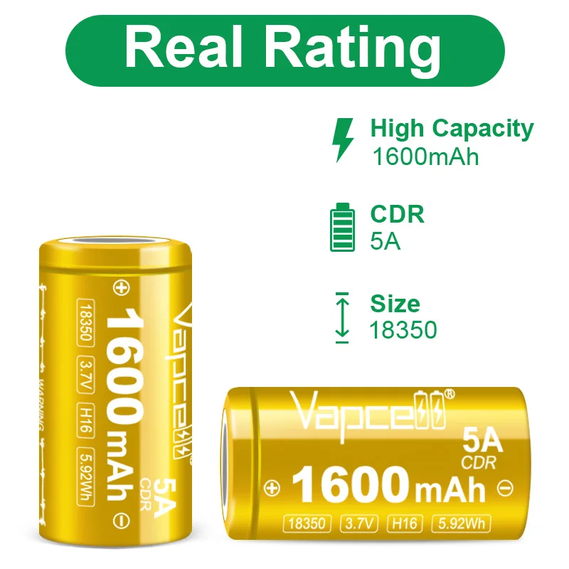 Original Vapcell H16 INR 18350 Battery 1600mAh Capacity CDR 5A 3.7V Rechargeable Lithium-ion Batteries For DIY Battery Pack