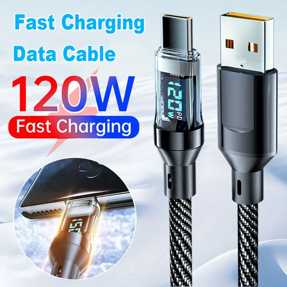120W USB A To Type C Cable Digital Display Fast Charging USB C To Type C Transmission Data Cord For Xiaomi Samsung Huawei Phones