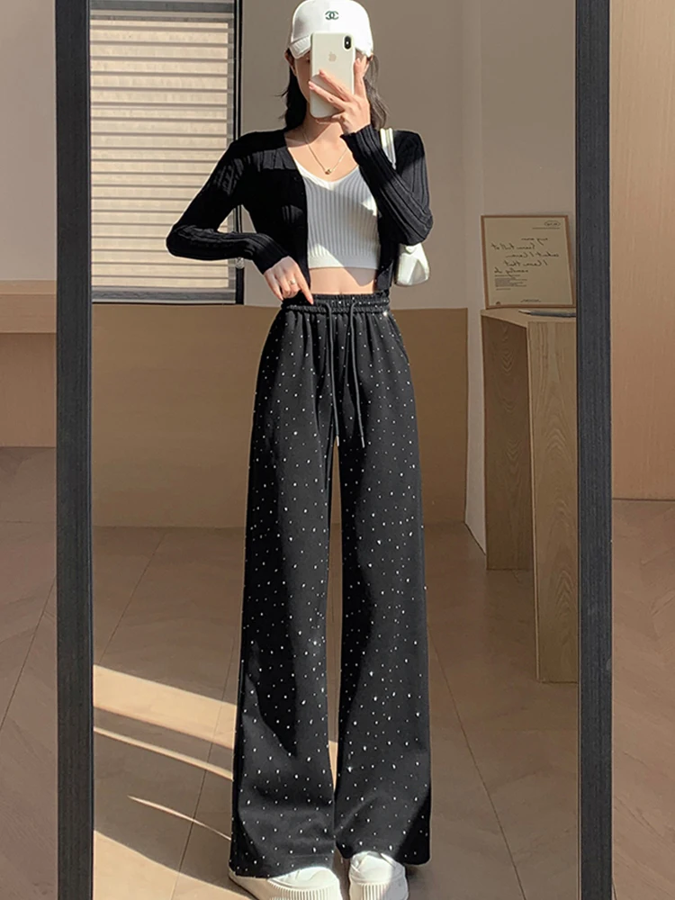 Full Star Hot Drill High Waist Broadfoot Trousers Female Summer Heavy Industry Foreign Fashion Slim Casual Pants Woman Clothing