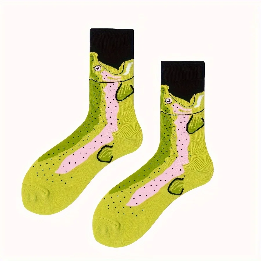 A pair of winter socks pure cotton light green fish cartoon animal men\'s mid-tube socks