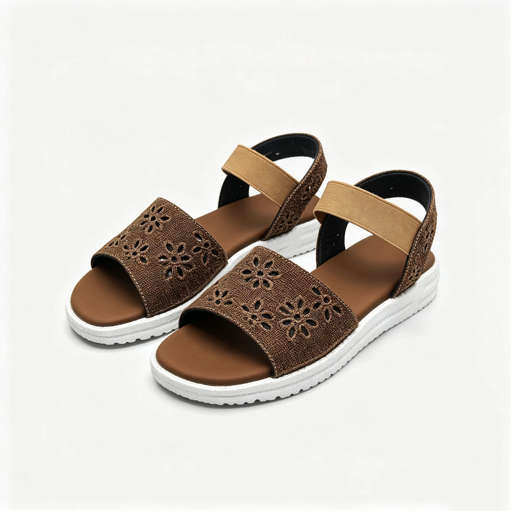 Women Summer Bohemian Flat Sandals Floral Cutout Fabric Upper Elastic Ankle Strap Open Toe Lightweight Casual Beach Walking Shoe