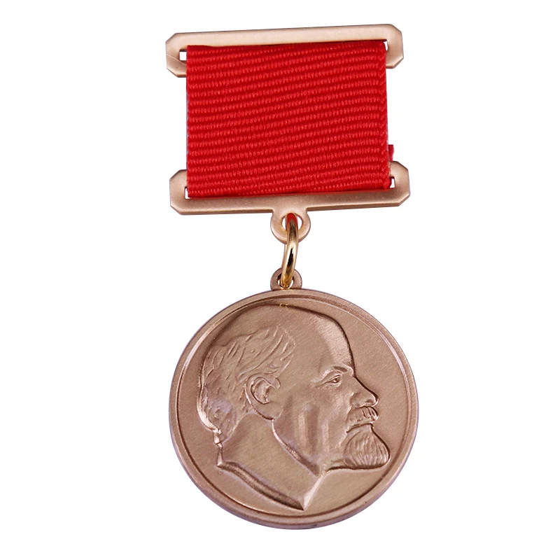 Vintage USSR Communist Medal Set,Red Ribbon Award with Hammer & Sickle Bronze Lenin Portrait Badge Military Commemorative Pins