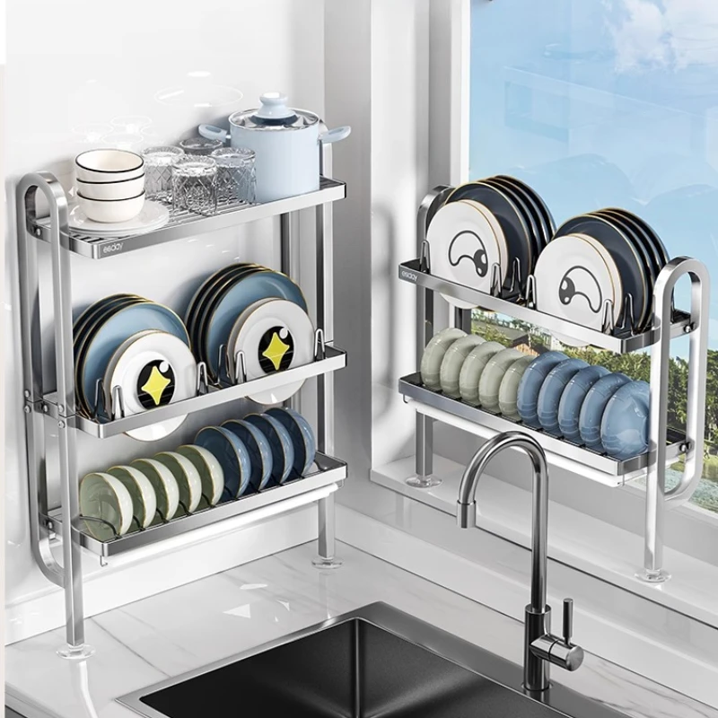 

Stainless Steel Kitchen Organizer Wall Mount Dish Drainer Rack Space Saving Sink Shelf Multifunctional Storage for Plates Bowls