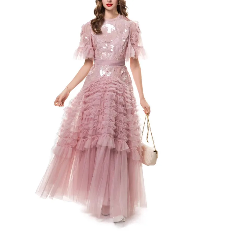 Hksh primavera verão nova maré feminina chique moda elegante doce babados colarinho manga alargamento em camadas saias longas vestido hk5391