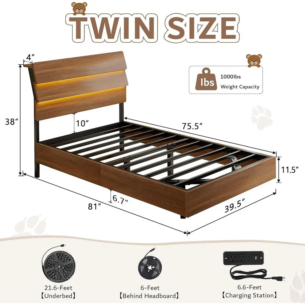 سرير بمنصة من خشب الجوز بإطار معدني مزدوج، وأضواء LED، ومحطة شحن، ولوح رأسي للتخزين الخشبي، وشرائح شديدة التحمل، بدون صندوق Spri