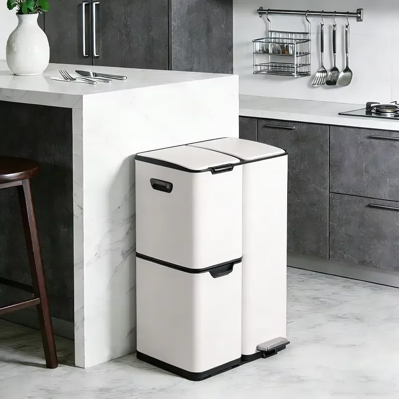 for 60L Large Capacity 3 Compartment Stainless Steel Kitchen Recycling Trash Can with Button and Foot Pedal