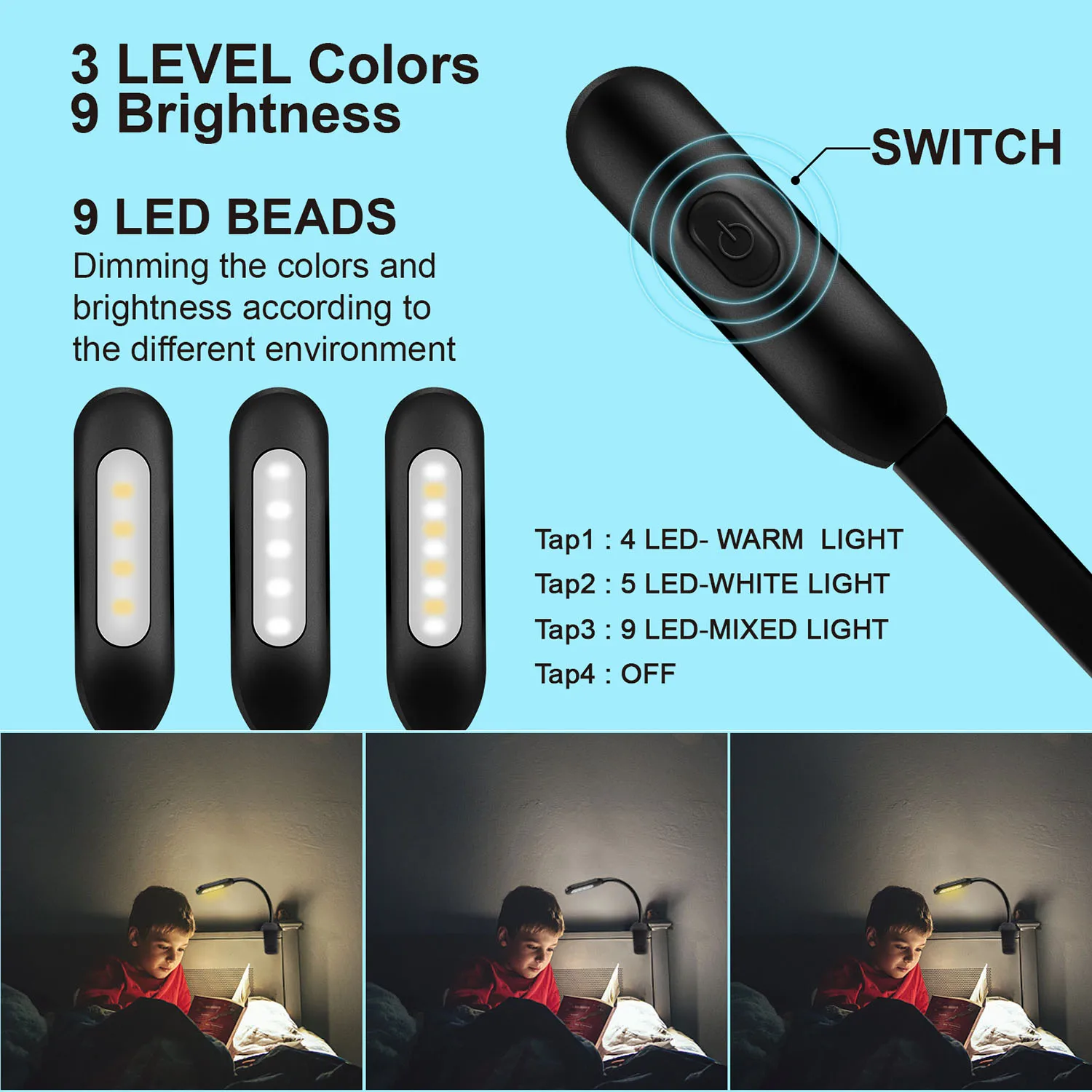 Lampu buku, lampu baca isi ulang, lampu buku 9 LED untuk membaca di tempat tidur dengan 3 kecerahan, lampu baca klip mudah