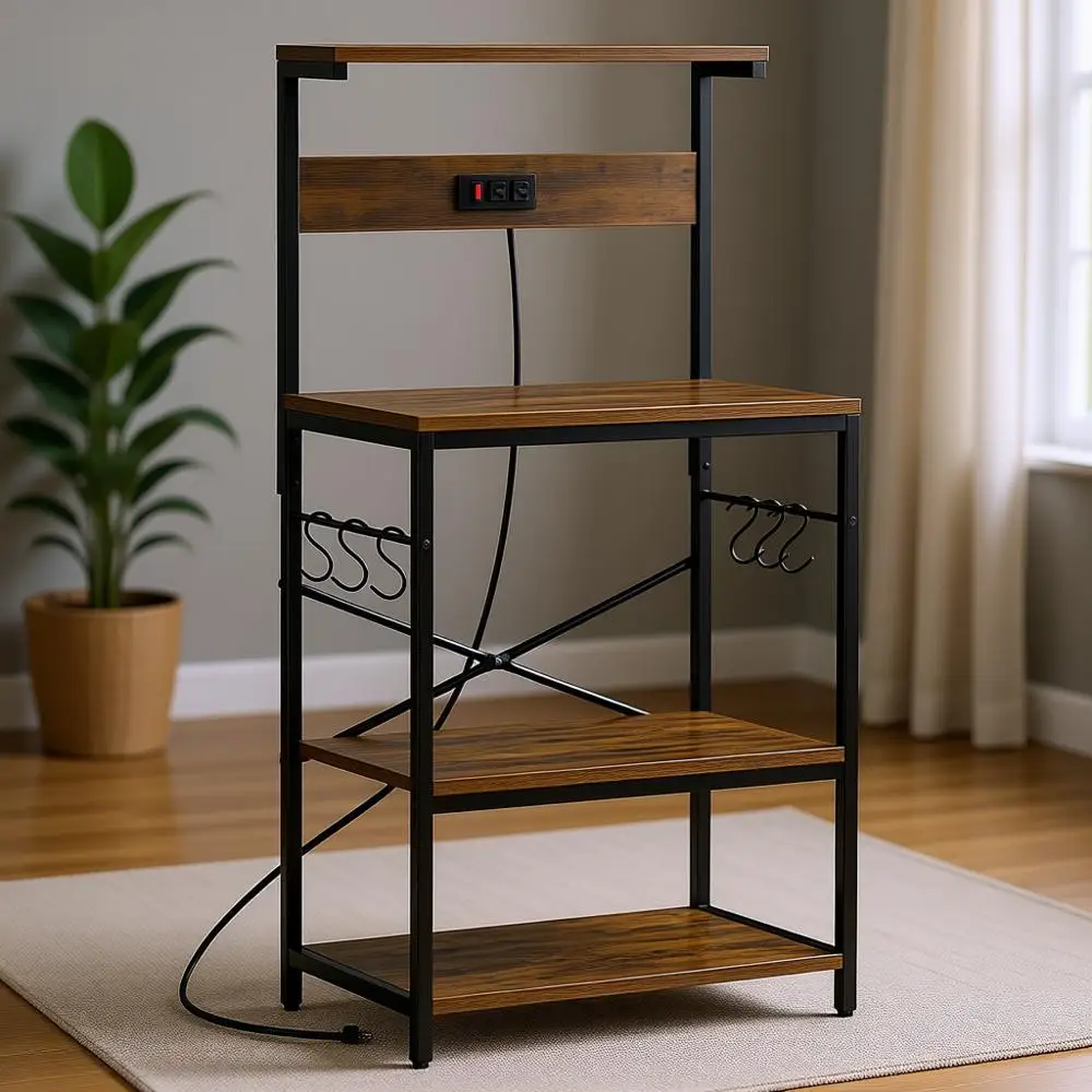 

Кухонная полка-стеллаж в деревенском стиле, коричневая, с розеткой, 4-ярусный столик для кофе, подставка для микроволновки, 6 крючков для специй, кастрюль и сковородок