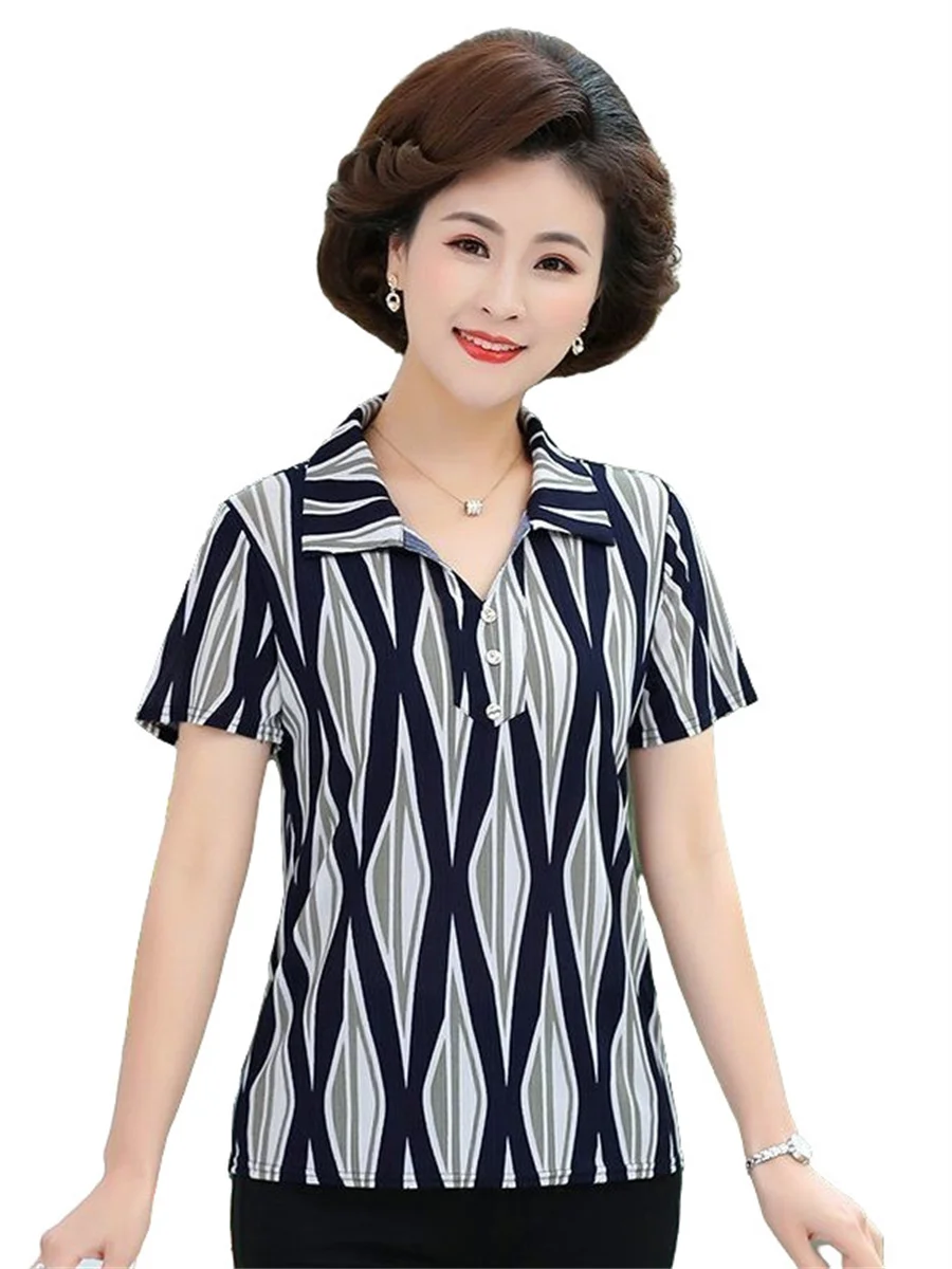 5XL Women Spring Summer Blouses Shirts Lady Fashion Casual Short Sleeve Turn-down Printing Blusas Tops TT2134