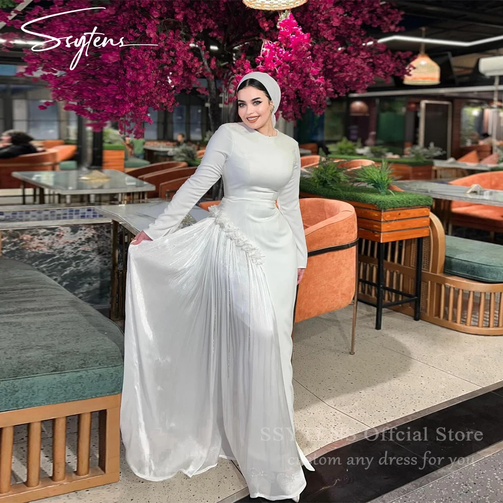 

Elegant White Long Wedding Evening Dresses Islamic Long Sleeves Dubai Guest Party Dresses Customized Saudi Bridal Prom Gowns