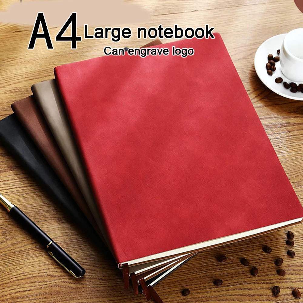 (Can Engrave Logo) A4 Business Thick Soft Leather Notebook, Student Notepads, Meeting Minutes Notebook, Lined Inner Pages