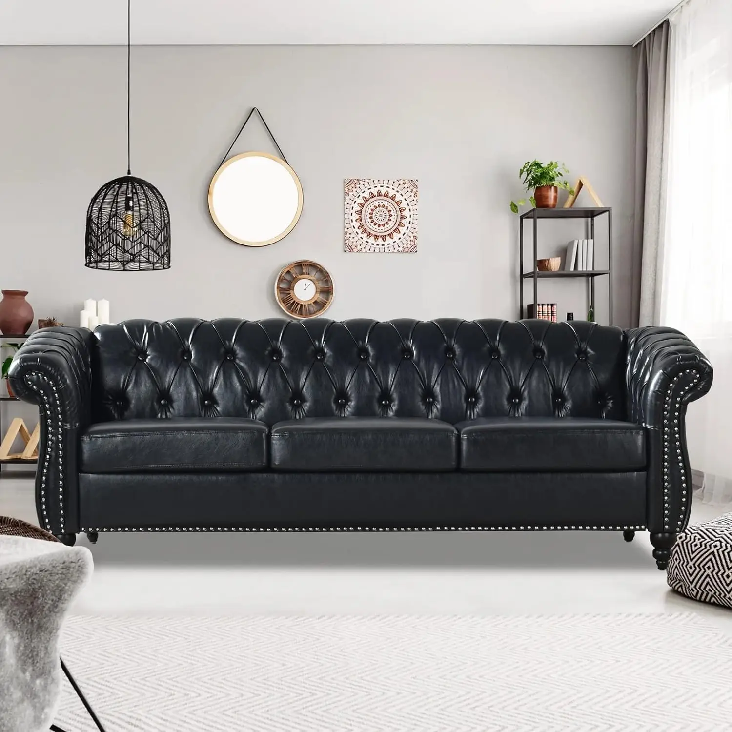 Chesterfield Sofas For Living Room, Black Rolled Arm 3-Seater Leather 84