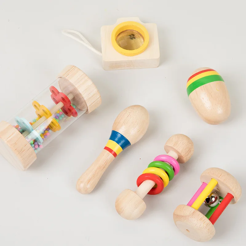 6 PCS wooden baby music rattle egg shaker set Education Rainbow Mini Rattle Rollers Natural Rain Maker for Children