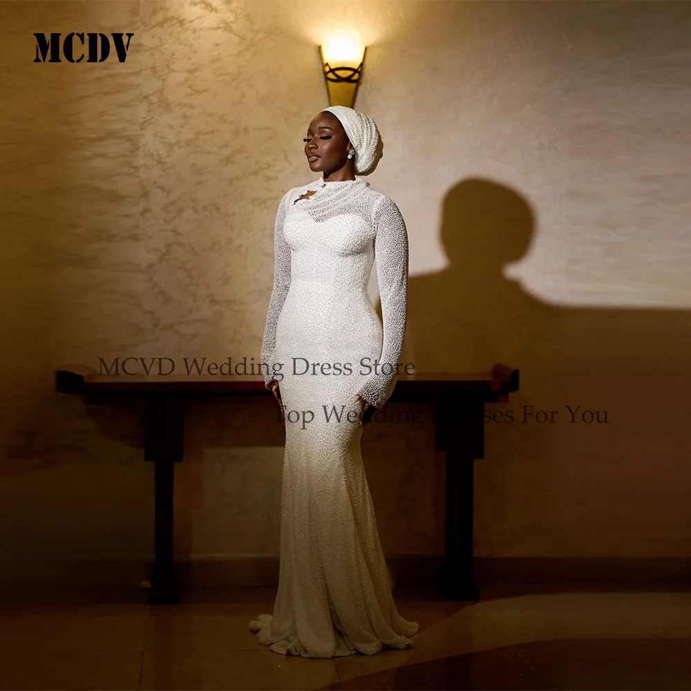 MCDV Customized O-Neck Beaded Lace Pearls Mermaid Wedding Dress African Sweep Train Long Sleeves Luxury Bridal Gown Sweep Train