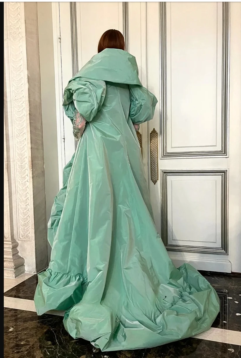 Sage Green Taffeta Coat Evening Cape Puffy Edge Fashion Long Jacket Short Sleeves Bolero For Lady Outfit Shawl Without Dress
