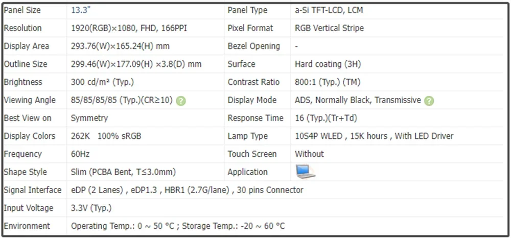 NV133FHM-N5T NV133FHM N5T 13.3 inch LCD Screen IPS Panel EDP 30pins FHD 1920x1080 100% sRGB 300 cd/m² (Typ.) 60Hz