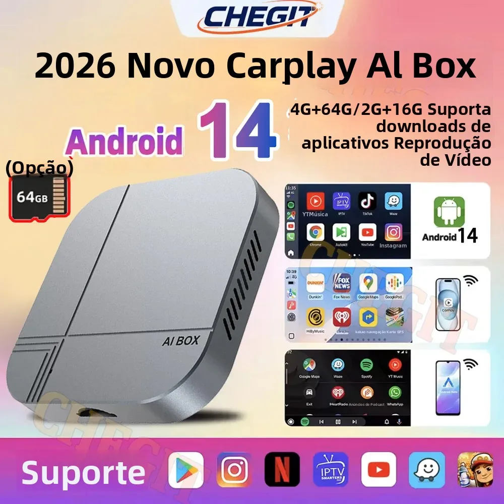 2026 Android AI Box 4G+64G/2G+32G Adaptador Wireless CarPlay Android Auto TV Box para YouTube Netflix para VW Toyota Hyundai Ford