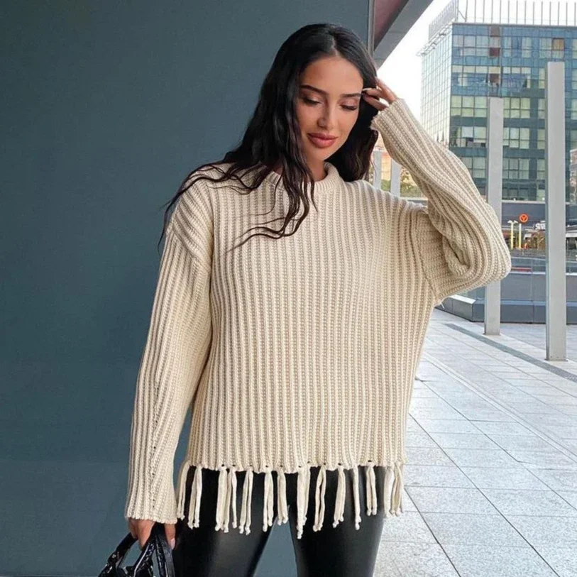 

Popular Fashion Women's Tassel Knitted Solid Color Oversized Sweater Loose Casual Slimming Top Autumn/winter New