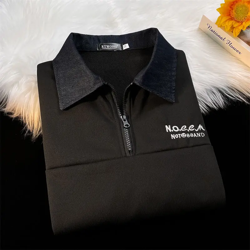 American retro Polo collar sweatshirt for men in spring and autumn ins simple loose top Hong Kong style spliced lapel jacket