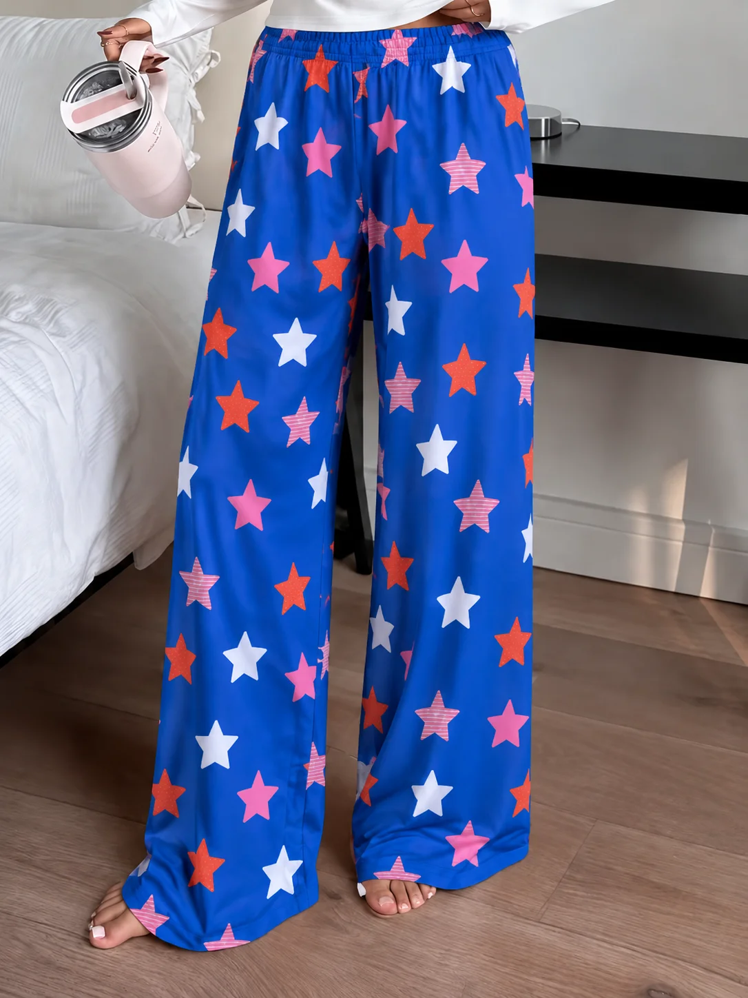 Men Women Straight‑Leg Pants 3D Colorful Star Print Quick Dry Trousers Elastic Waist Soft Lightweight Home Lounge Long Pants