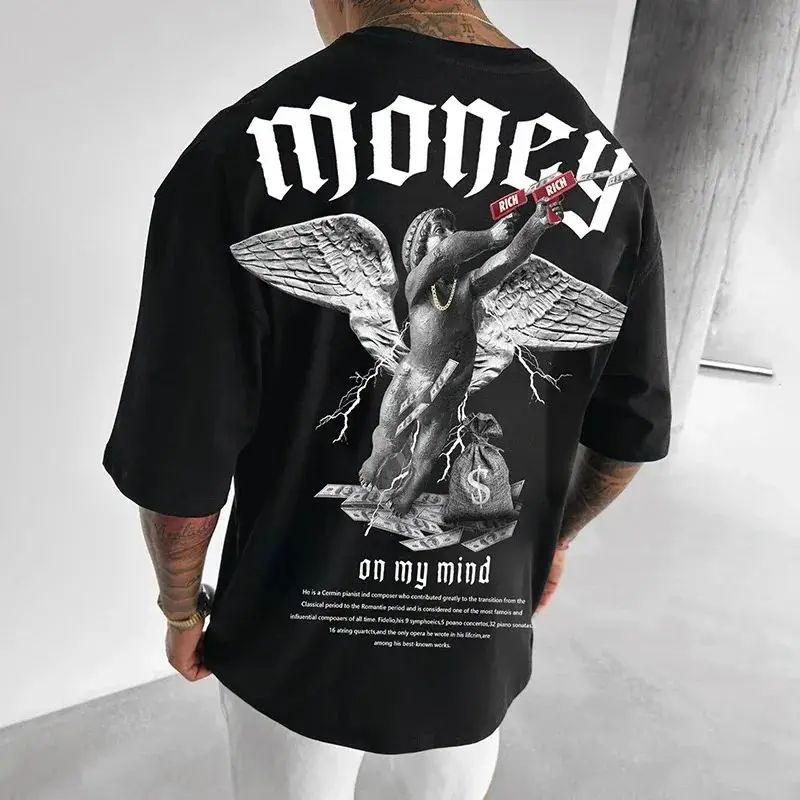 

Oversize Streetwear Men Money Angel Print T Shirts Short Sleeve O Neck Tee Tops Summer Fashion Trend Clothing for Mens Loose Fat