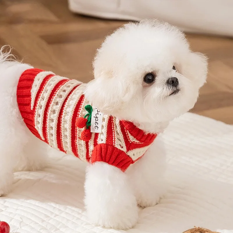 

Cute Cherry Pet Dog Clothes Puppy Christmas Sweater Dog Clothes Warm Teddy Hoodie Frise Winter Knit Sweater Classic Striped