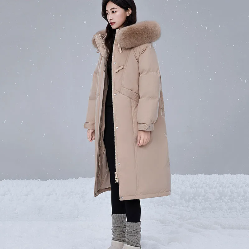 الشتاء الدافئة مقنعين 95 الأبيض بطة أسفل المرأة أسفل سترة 2025 جديد عالية الجودة سميكة الثعلب الفراء طوق المرأة أسفل سترة H495