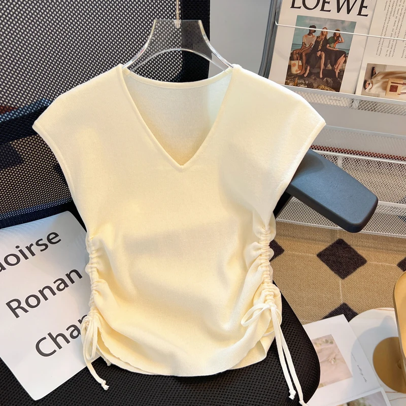 

Ice Silk Knitted ort Sve T-irt Women's Summer Design Dstring Sweet And Spicy Girl Pure Desire Top Women's Faion